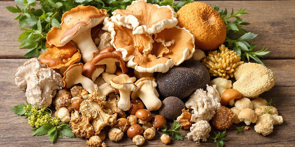 Variety of adaptogenic mushrooms on a wooden table.